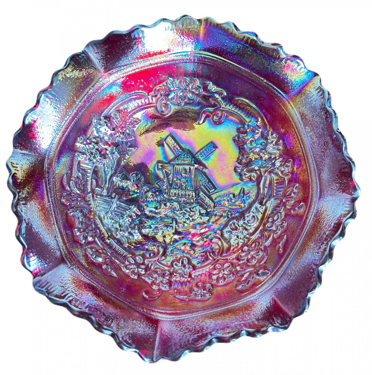 Vtg L E Smith Ruby Carnival Glass Iridescent Aurora Finish Ruffled Windmill Bowl
