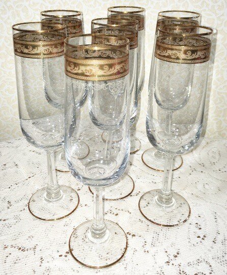 Wine Glasses Retro Wedding Elegant Gold Trim Regency Romantic Chic Vintage 6 Pcs