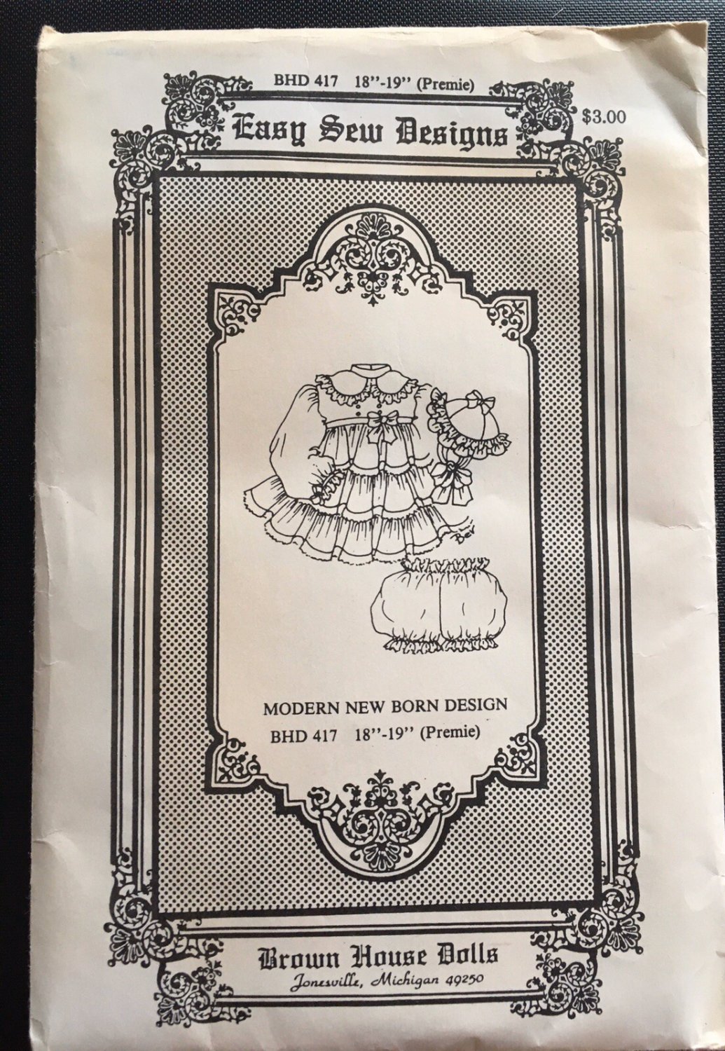 Vintag Doll Dress Pattern Premie New Born Easy Sew Brown House 417 18" - 19"