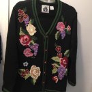 Cotton Sweater Cardigan Roses Grapes Embroidery Beads Storybook Knits Multi Color Lovely M