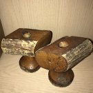Primitive Wood Candle Holders Rustic Log Cabin Colonial Vintage Handmade 2pc
