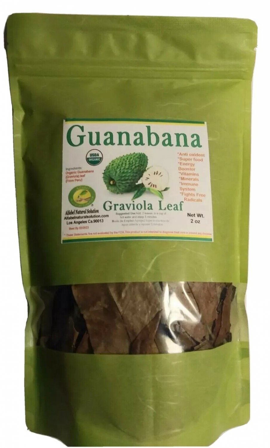 Hojas de Guanabana Organic 2 oz Hierbas bolsa Grande de Peru guanabana leaf