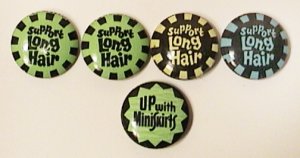 5 VINTAGE 1960s BUBBLE GUM PINS LONG HAIR & MINI SKIRTS