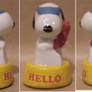 HELLO SNOOPY TALKING ON TELEPHONE SMALL CERAMIC FIGURE 1960s 1970s KOREA