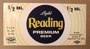 READING LIGHT PREMIUM 1/2 BBL BARREL BEER LABEL UNUSED 1960s UNION STAMP