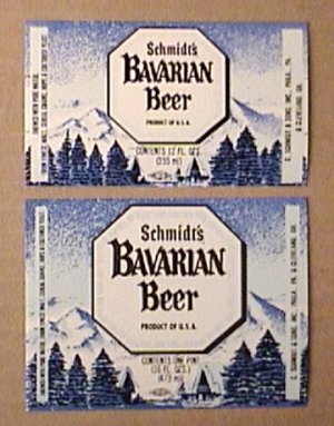 2 SCHMIDTS BAVARIAN BEER BOTTLE LABELS 6 & 12 oz CHRISTIAN SCMIDT BREWING 1970s