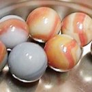7 MARBLES PELTIER LIGHT BLUE RED BROWN RAINBO SWIRL 1950s AKRO CORKSCREW