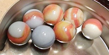 7 MARBLES PELTIER LIGHT BLUE RED BROWN RAINBO SWIRL 1950s AKRO CORKSCREW