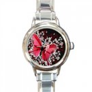 New round Italian Charm Watch Red Butterfly White Flowers