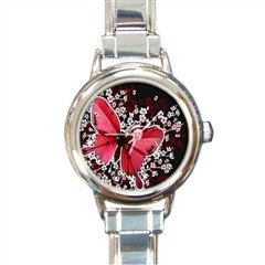 New round Italian Charm Watch Red Butterfly White Flowers