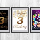 Digital files, Happy birthday, number 3 Set print, poster watercolor nursery room home decor