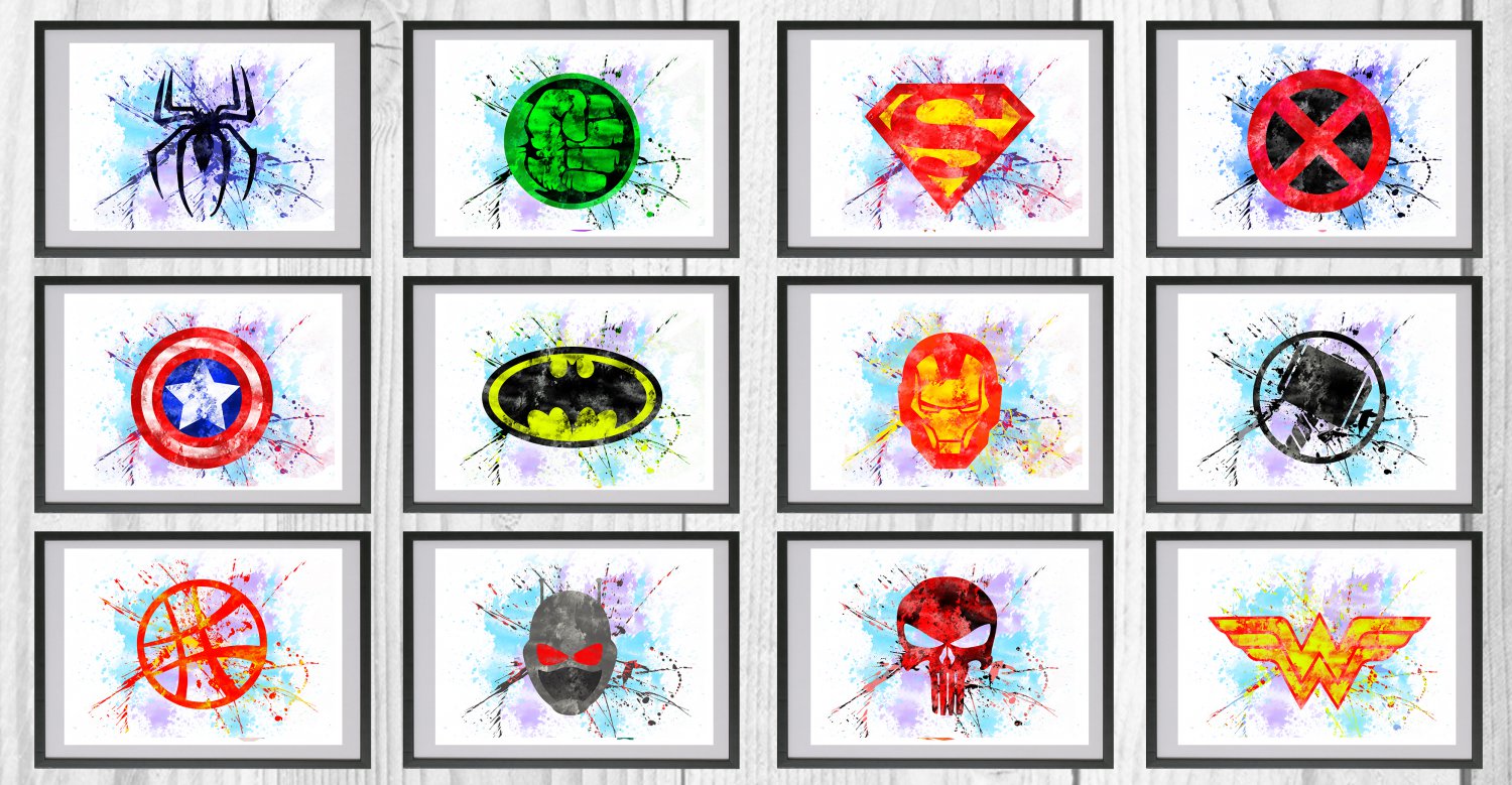 Digital files, Logos Superheroes Marvel Avengers Set print, poster watercolor nursery room decor