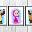Digital files, Masha and the Bear print, baby poster watercolor nursery room home decor
