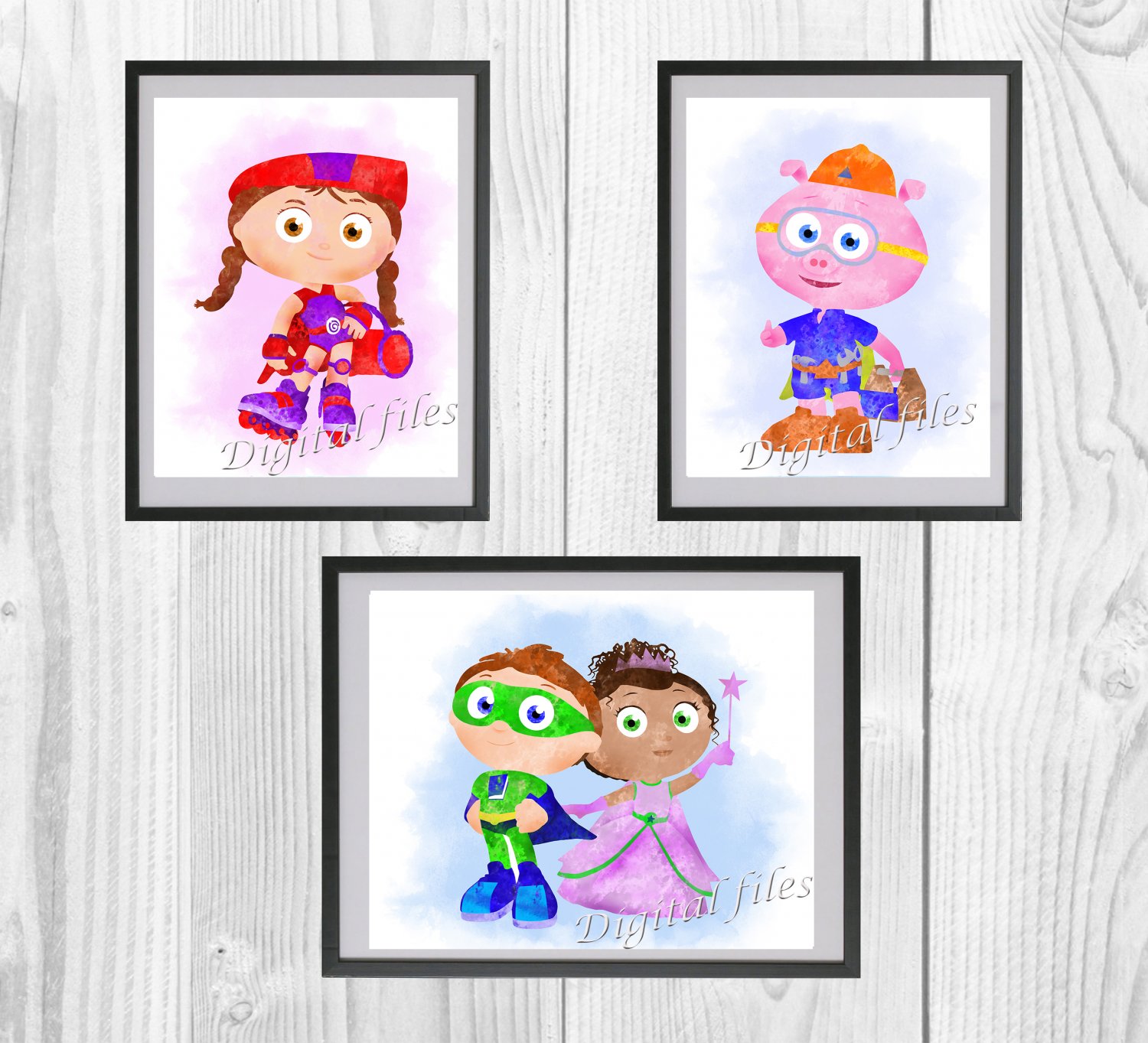 Digital files, Super Why Sleeping Beauty Set print, poster watercolor nursery room home decor room