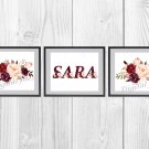 Digital files, Name flowers wreath Set print, poster watercolor nursery room home decor