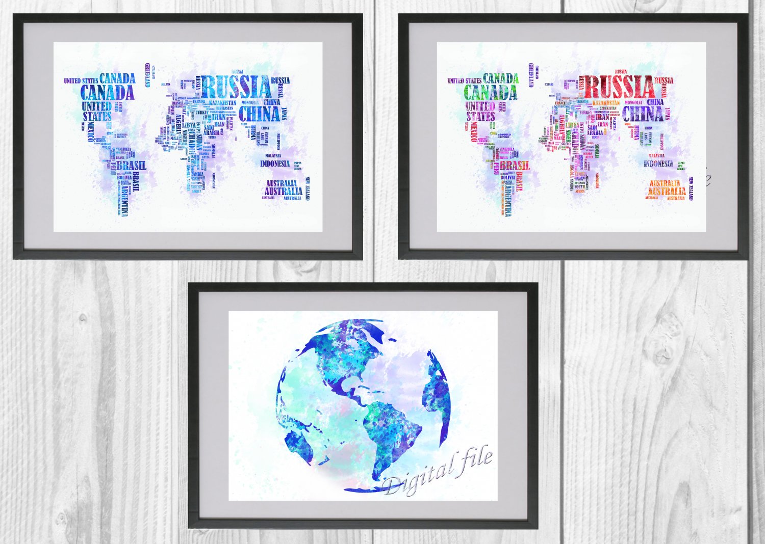 Digital files, Earth map Set print, poster watercolor nursery room home decor