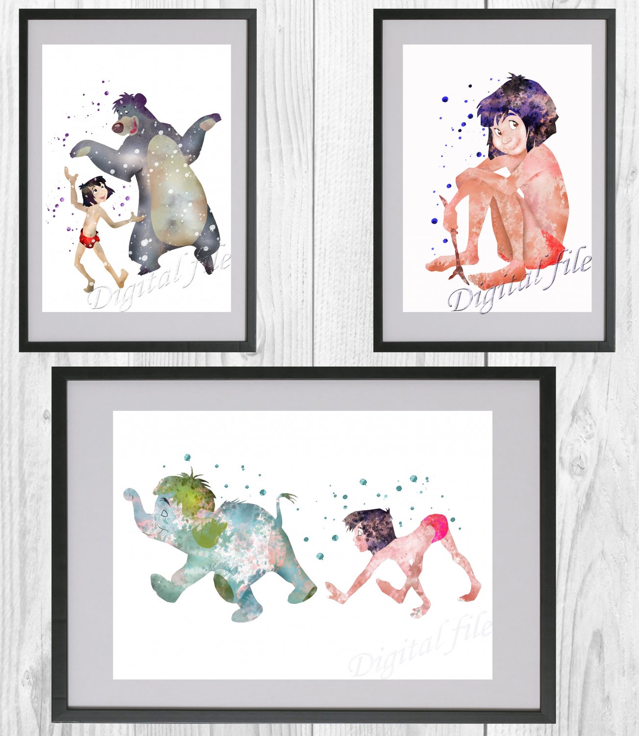 Digital files, Jungle Book Mowgli Disney Set print, poster watercolor nursery room home decor