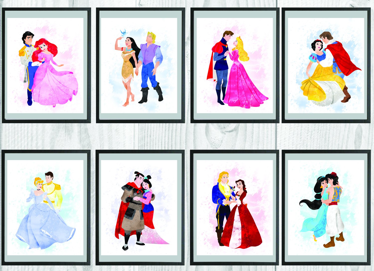 Digital files, Princesses Princes Disney print, Arielle Belle poster watercolor nursery room decor