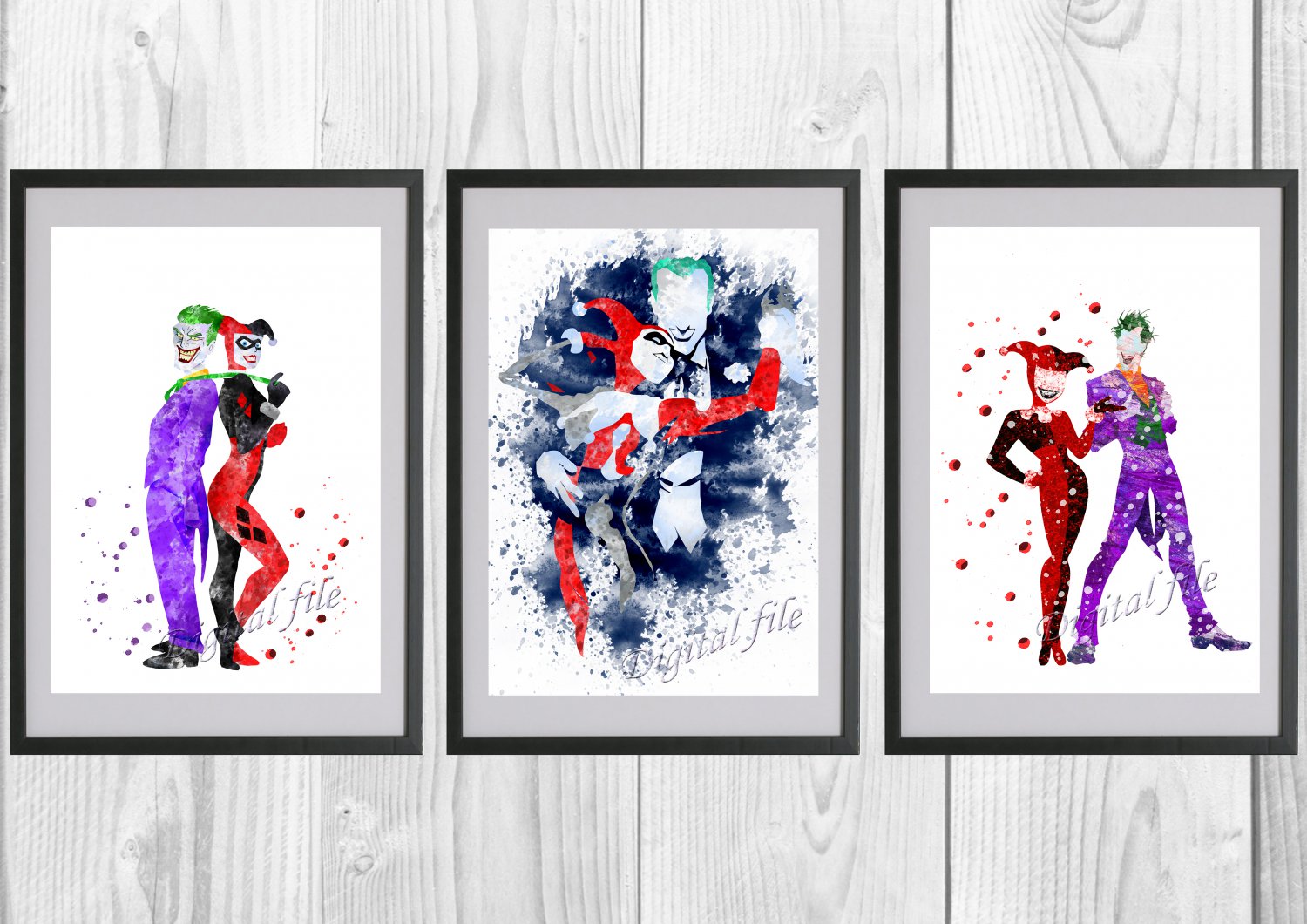 Digital files, Harley Quinn Joker Superheroes DC Set print, poster watercolor nursery room decor
