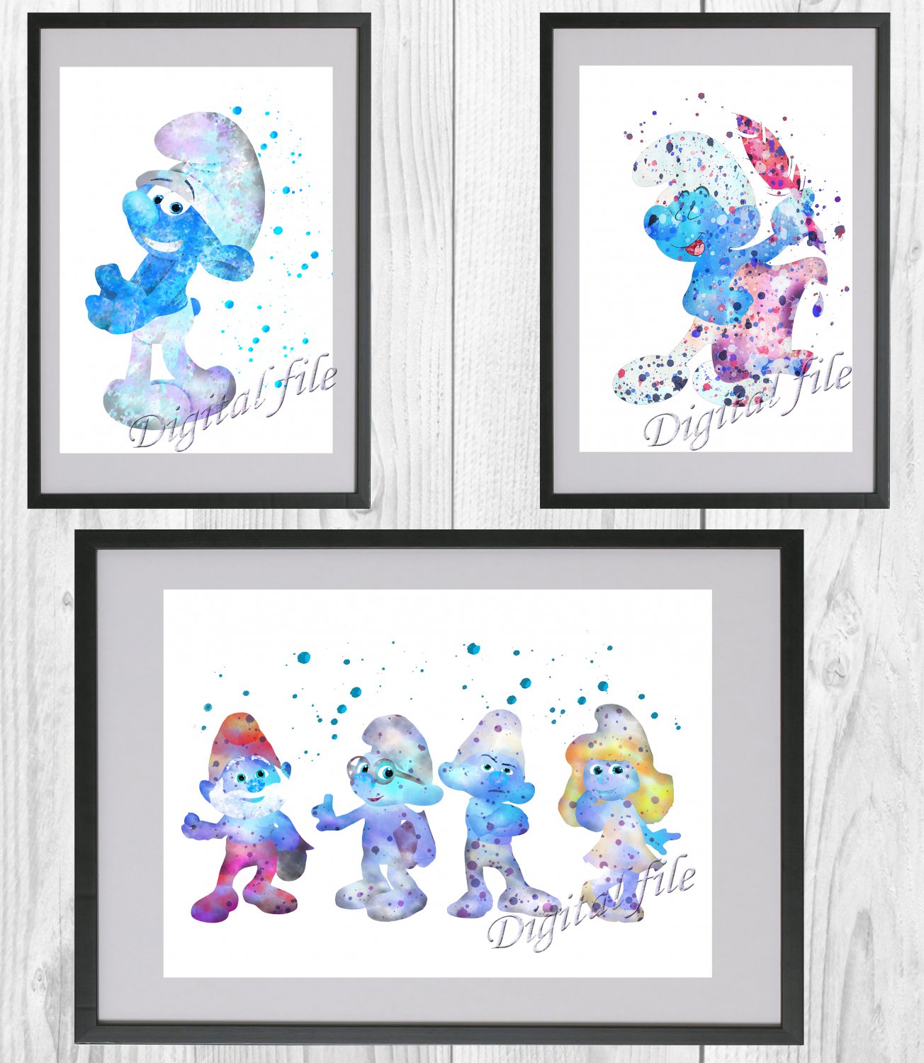 Digital files, The Smurfs Set print, poster watercolor nursery room decor