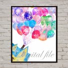Digital files, Up print, Balloons poster watercolor nursery room wall decor