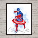 Digital file, Captain America Superhero print, poster watercolor nursery room home decor