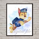 Digital file, PAW Patrol Chase print, poster watercolor nursery room home decor