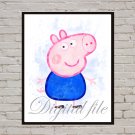 Digital file, Peppa Pig print, baby George poster watercolor nursery room home decor