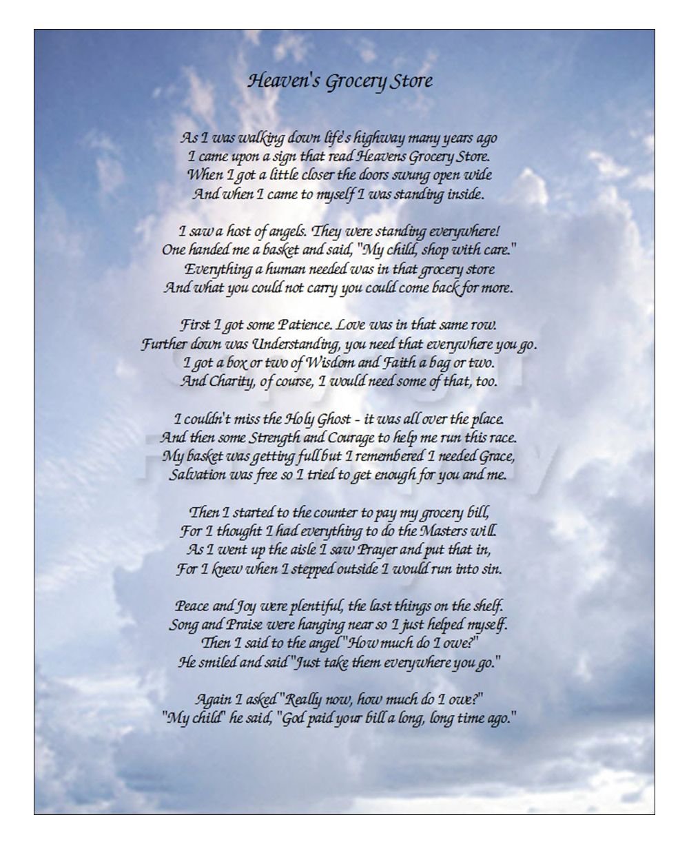 Heaven's Grocery Store Christian Verse on Heavenly Sky Art 8.5 x 11