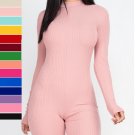 NEW SIZE S M L RIBBED KNIT FITTED ROMPER LONG SLEEVE BACK ZIPPER SOLID COLOR