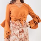 NEW SIZE S M L STYLISH WAVY RUFFLE LONG SLEEVE FRONT TIE CROPPED TOP