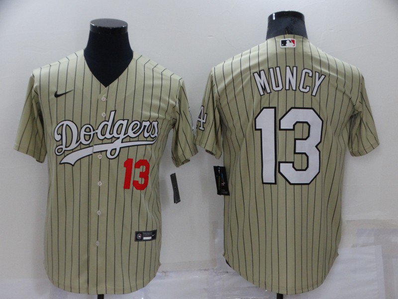 Men's Dodgers Max Muncy Number Cream Pinstripe Stitched Cool Base Jersey