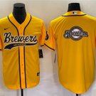 Men's Milwaukee Brewers Yellow Team Big Logo Blank Cool Base Jersey