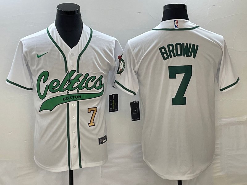 Men's Boston Celtics Jaylen Brown White With Patch Cool Baseball Jersey