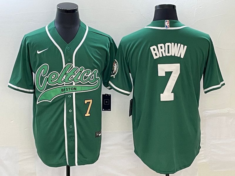 Men's Boston Celtics #7 Jaylen Brown Green With Patch Cool Baseball Jersey