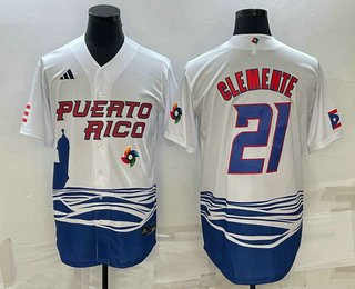 Any Size Puerto Rico Baseball Roberto Clemente 2023 White World Jersey