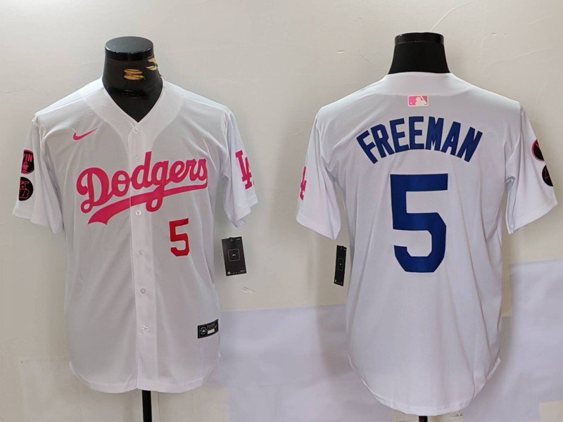 Men's Dodgers Freddie Freeman White Pink Vin & Kobe Patch jersey