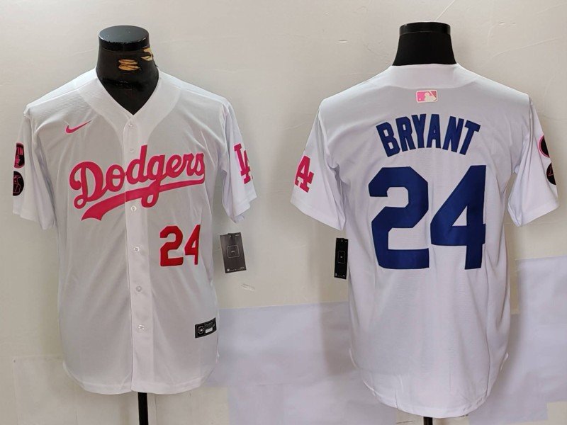 Men's LA Dodgers Kobe Bryant White Pink Vin & Kobe Patch Stitched Jersey