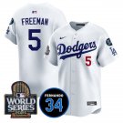 Men's Los Angeles Dodgers #5 Freddie Freeman White 2024 World Series With 34 Jersey
