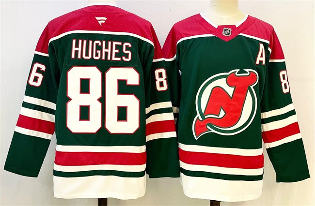 Men's New Jersey Devils #86 Jack Hughes Green Red 2024-25 With A Patch Jersey
