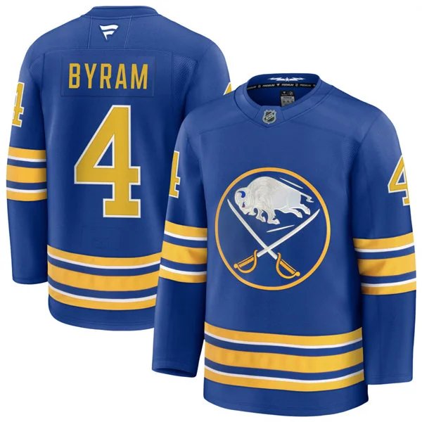 Men's BUF #4 Bowen Byram stitched Royal Home Premium Jersey
