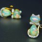 Ethiopian Opal Diamond 14k Solid Gold Kitty Cat Earring Cat Bow Stud Earrings.