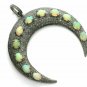 Pave Diamond Double Horn Pendant 925 Silver Ethiopian Opal Moon Pendant Gift.