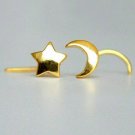 14k Solid Gold Star Moon Nose Pins Minimalist Nose Ring Nostril Jewelry Charm.