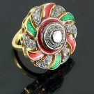 Victorian Inspired Rose Cut Diamond Enamel Ring 925 Silver Polki Ring Jewelry.