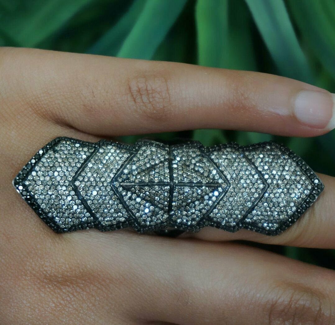 Natural Pave Diamond Full Finger Knuckle Ring Handmade 925 Silver