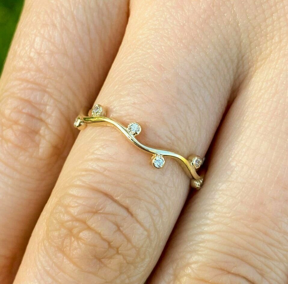 14k Solid Gold Tiny Diamond Plain Vine Ring Handmade Diamond Delicate Wavy Rings