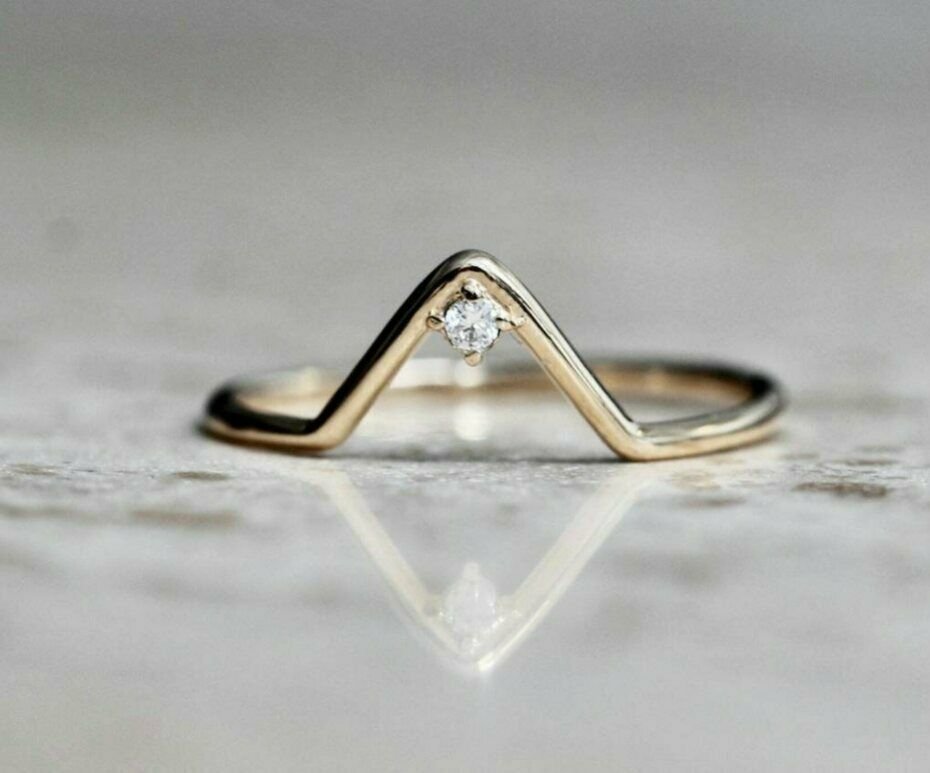 14k Solid Gold Chevron V Shape Diamond Ring Handmade Stacking Ring Band NS89.