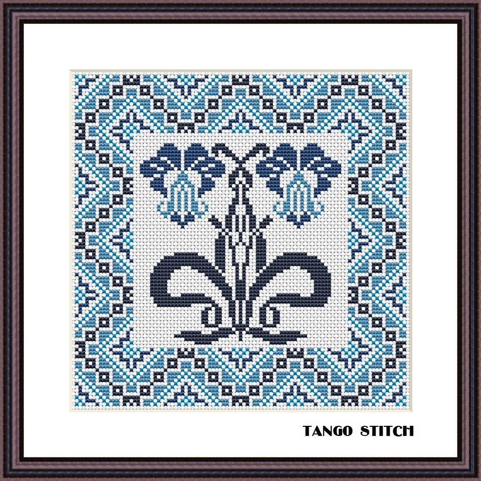 Art nouveau easy blue floral cross stitch ornament embroidery design