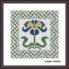 Blue vintage Art Nouveau flower ornament cross stitch embroidery pattern
